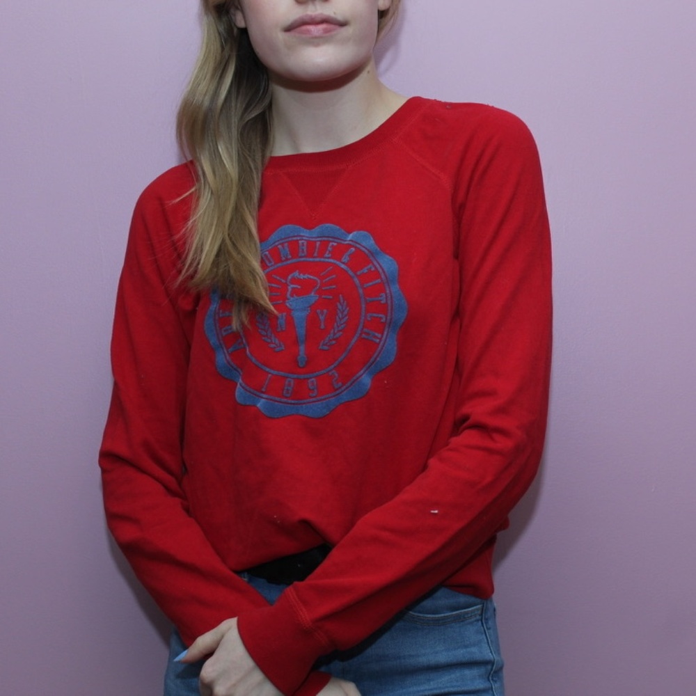 Abercrombie & Fitch Red and Blue Logo Crew Sweater